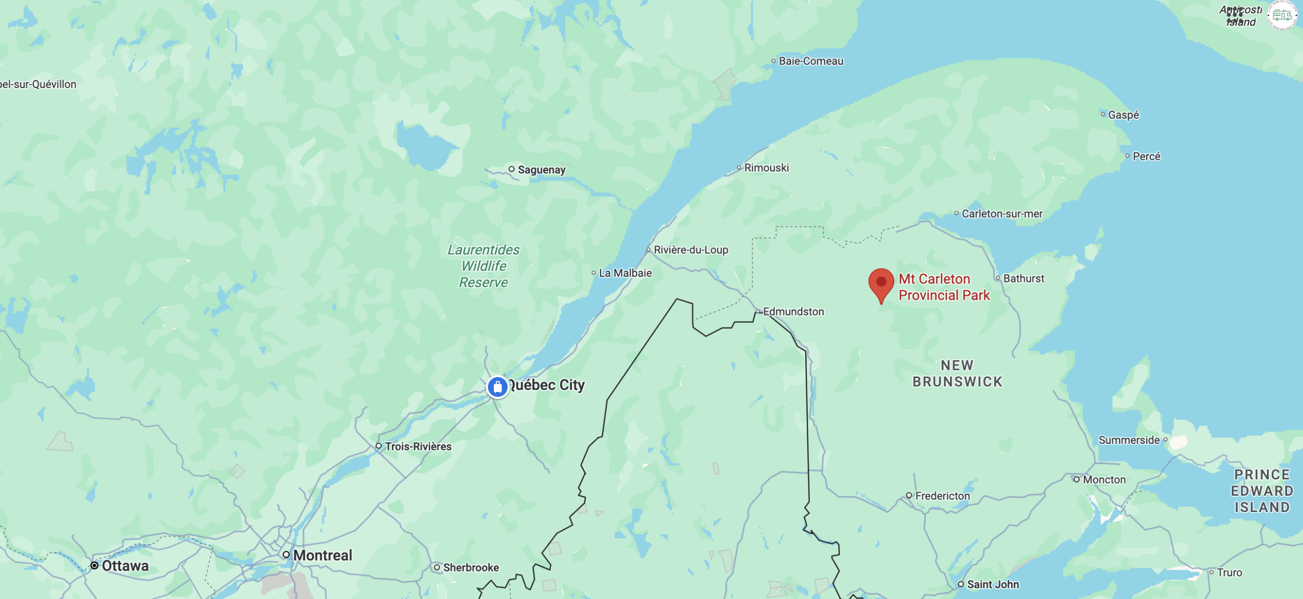 Planning your RV road trip through Eastern Canada? Mount Carleton Provincial Park is a must-stop destination in northern New Brunswick. As shown on the map, it’s ideally located near Edmundston and not too far from Quebec City, making it a perfect nature escape between major travel hubs. Whether you’re coming from the Gaspé Peninsula or cruising through the Maritimes, this route leads straight into some of the region’s most breathtaking wilderness.